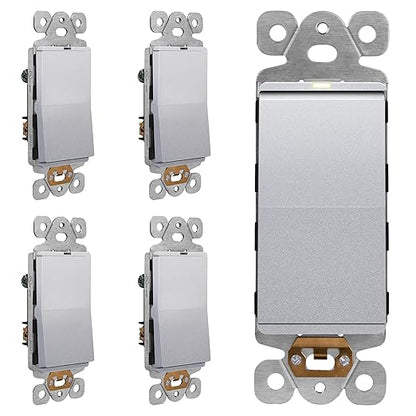 LIDER Minimalist Design Matte Finish Lighted Decorator Switch, Frameless Paddle Light Switch with Locator Light, Grounding Screw, 3-Way or Single Pole, 15A 120V, UL listed, LS15-3W-SV5P Silver, 5 Pack