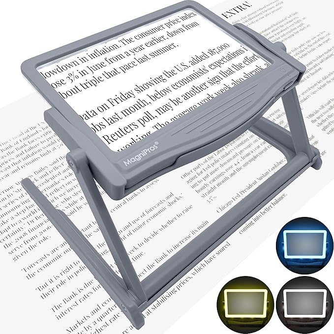 MAGNIPROS Patented 5X Large LED Page Magnifier with Detachable Stand | Eye Caring 3 Color Light Modes & Anti-Glare Lens to Reduce Eye Strain-Ideal for Reading Fine Print, Crafting, Low Vision Seniors