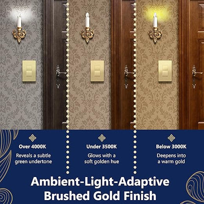 LIDER Brushed Gold Minimalist Design Decorator Switch with Screwless Wall Plate, Frameless Wall Light Switch, On/Off Rocker Switch, Single Pole, Residential Grade, 3 Wire, 15A 120-277VAC