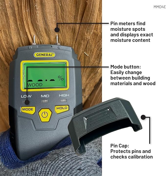 General Tools MMD4E Digital Moisture Meter, Water Leak Detector, Moisture Tester, Pin Type, Backlit LCD Display With Audible and Visual High-Medium-Low Moisture Content Alerts, Grays