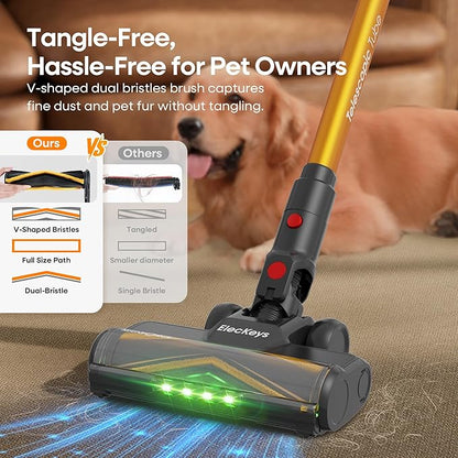 ElecKeys Cordless Vacuum Cleaner, 600W 50KPA 70Mins Self-Standing Vacuum Cleaners for Home, Stick Vacuum with Touch Screen, Upgraded Anti-Tangled Vacuum Cordless for Pet Hair, Floors, Carpets, Gold