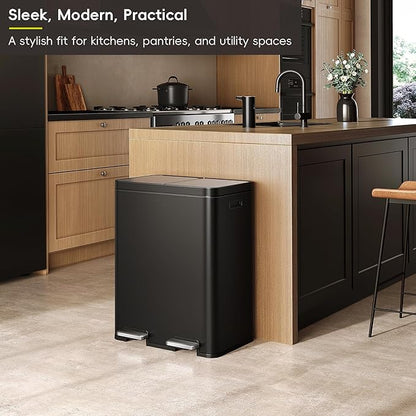 EKO Edison 8+8 Gallon Dual Trash Can for Recycling and Trash, Stainless Steel Kitchen Step Can with Dual Removable Inner Bucket, Independent Lids and Pedals, Black