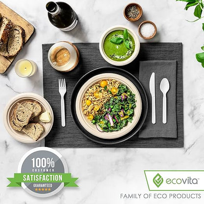Ecovita 100% Compostable Forks Spoons Knives Cutlery Combo Set - 380 Large Disposable Utensils (7 in.) Eco Friendly Durable and Heat Resistant Alternative to Plastic Silverware with Convenient Tray