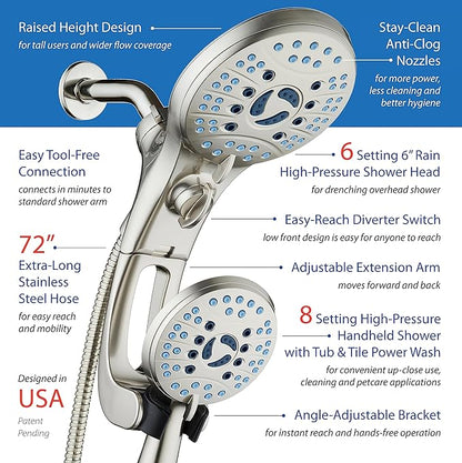 Hotel Spa AquaCare As-Seen-On-TV High Pressure Handheld/Rain 50-mode 3-way Shower Head Combo with Adjustable Arm - Anti-clog Nozzles, Tub & Pet Power Wash, 6 ft. Stainless Steel Hose, Nickel Finish